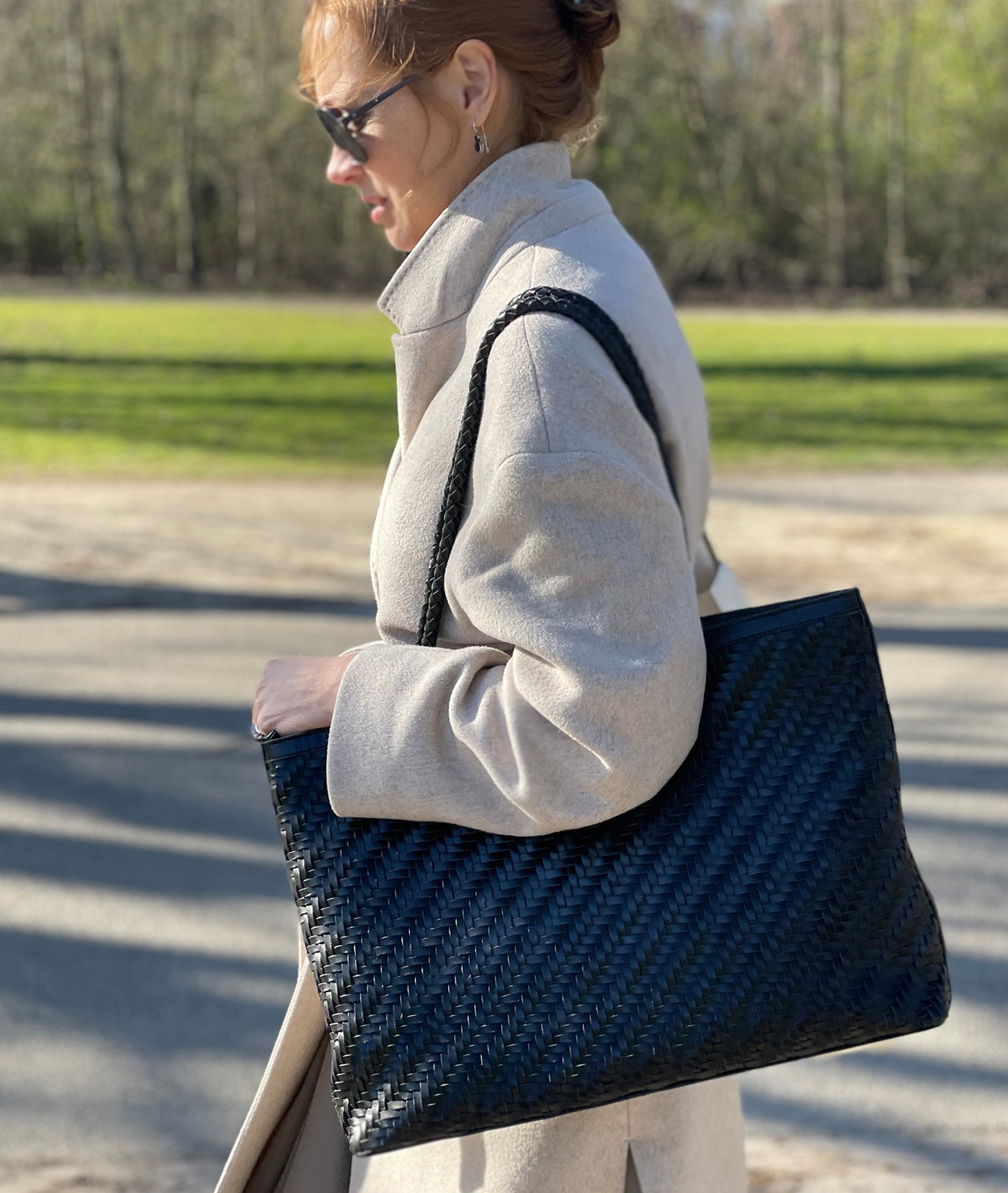 Braid Leather Tote Bag - Royal Black
