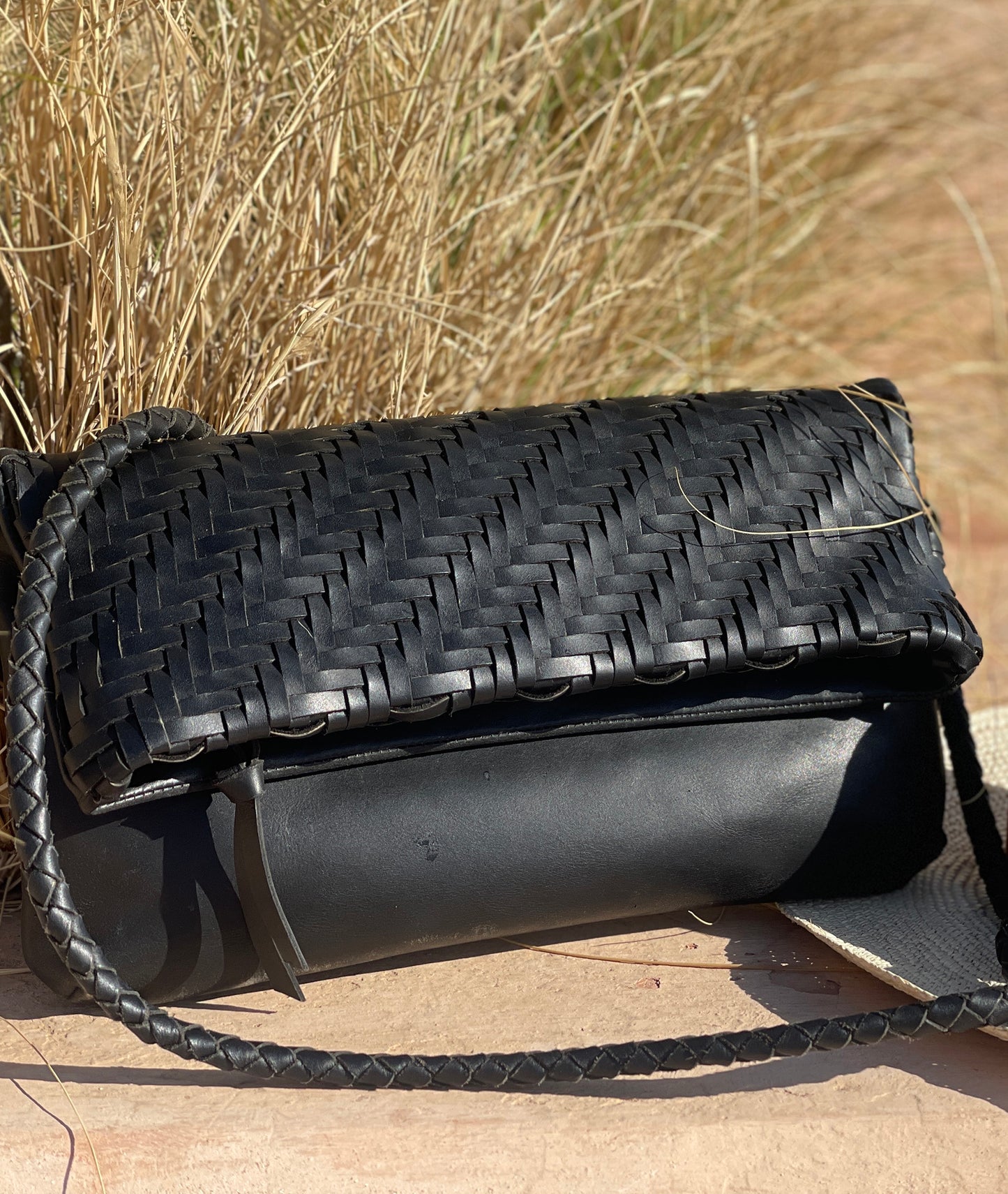 Braid Leather Fold Bag - Black Rebel