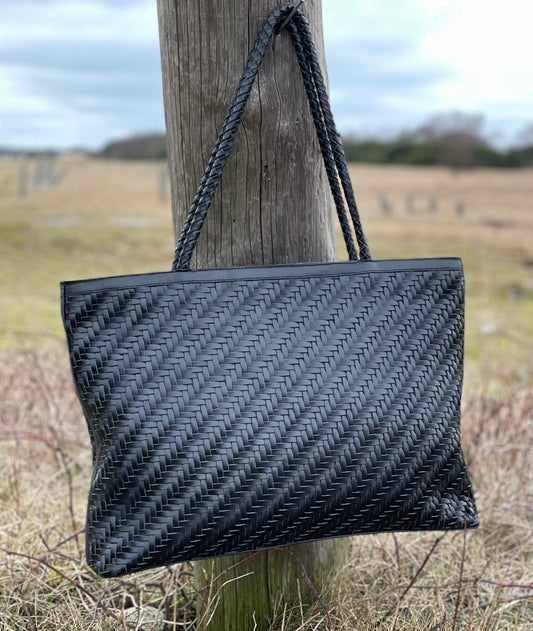 Braid Leather Tote Bag - Royal Black