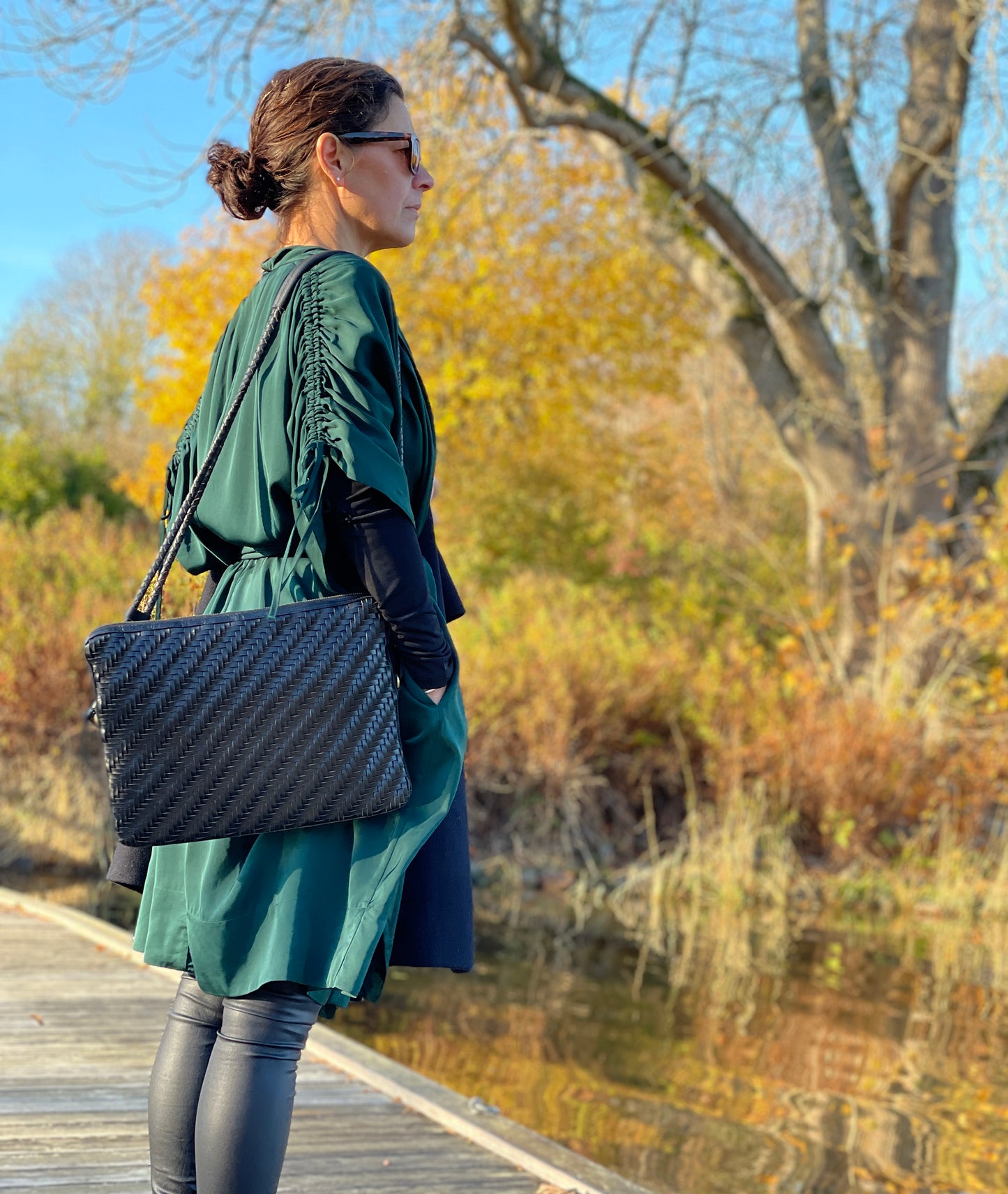 Braid Leather Computer Bag - Black