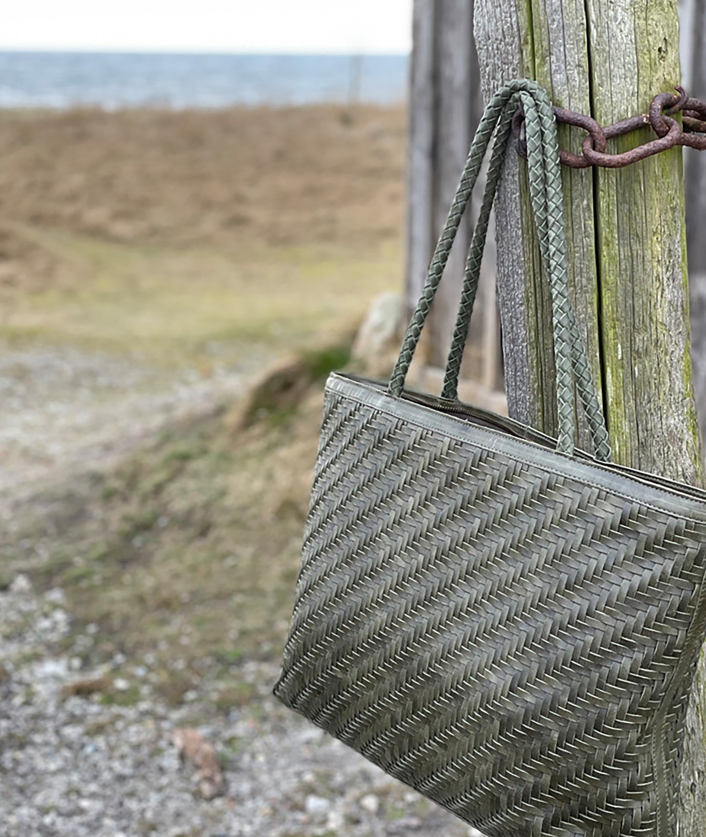 Braid Leather Tote Bag - Olive Garden