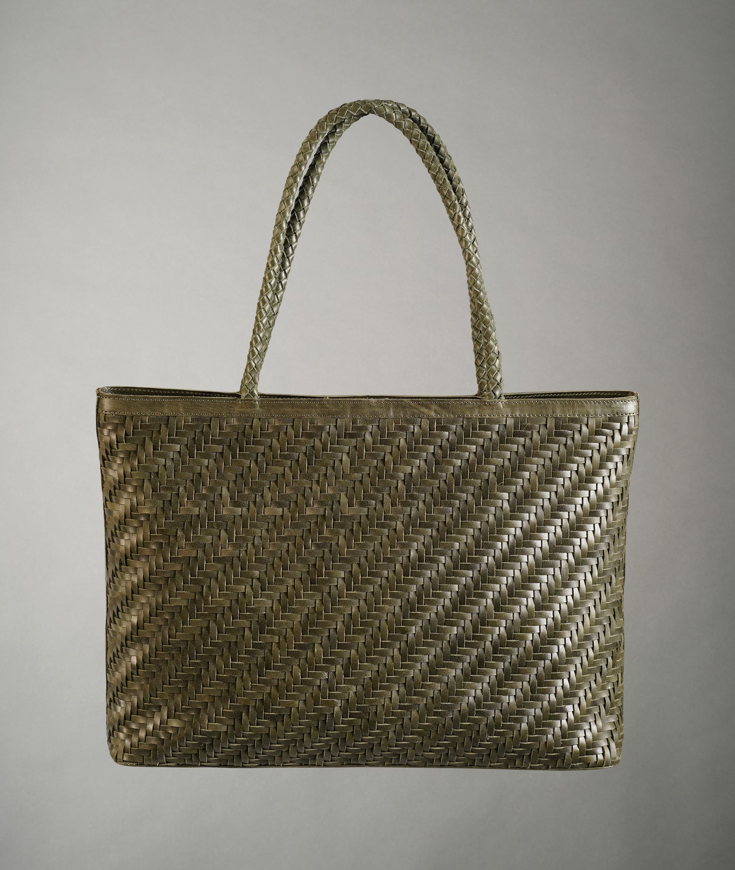 Braid Leather Tote Bag - Olive Garden