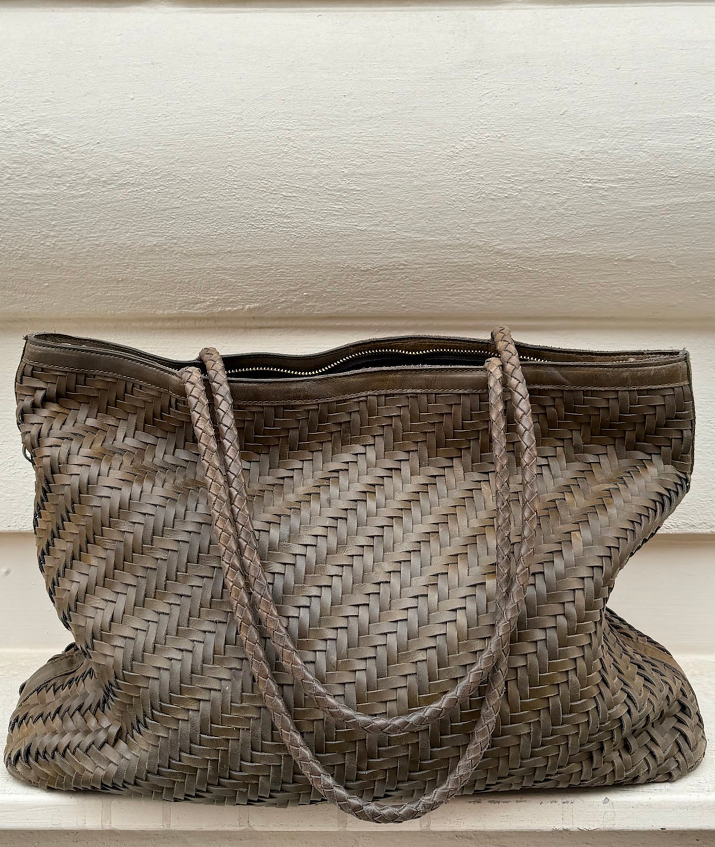Braid Leather Tote Bag - Olive Garden