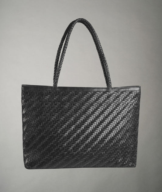 Braid Leather Tote Bag - Royal Black