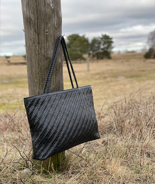Braid Leather Tote Bag - Royal Black