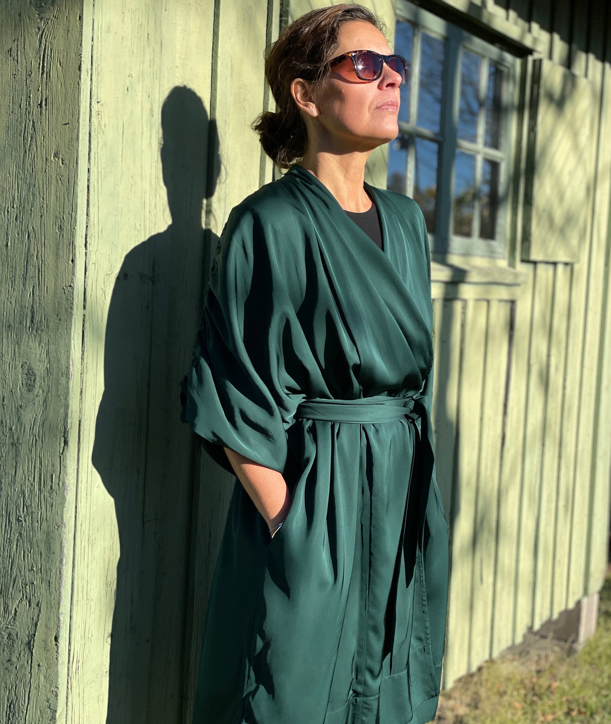 Jessi Wrap Satin Dress - Emerald Green Loose Knot Jessi Wrap Satin Dress - Emerald Green Loose Knot